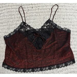 VTG Y2K Cropped Lacy Tank Top V Neck Sparkle Red Black Womens Sz Large Lingerie